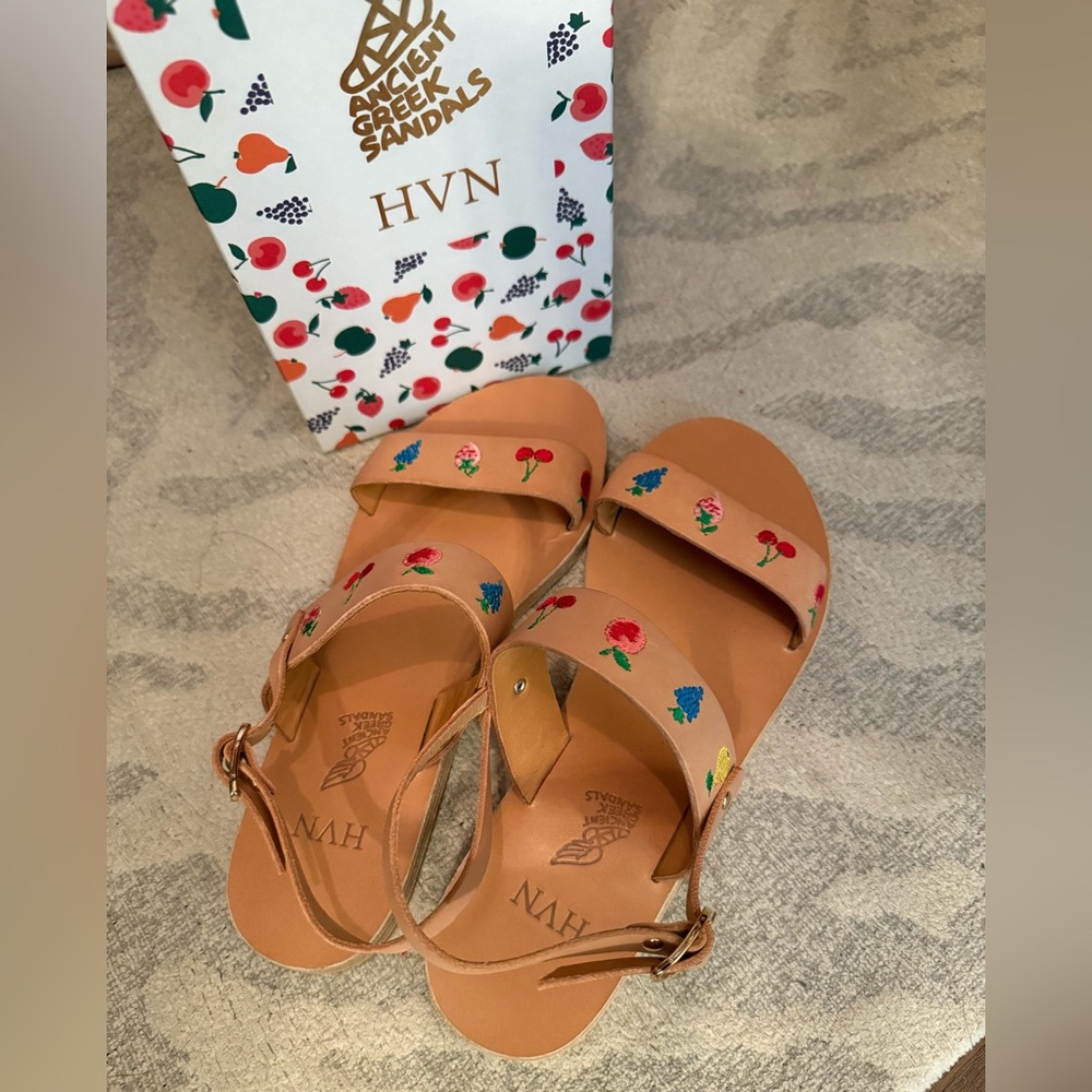 NIB Ancient Greek Sandals x HVN Clio Fruit Embroidered Leather Sandals